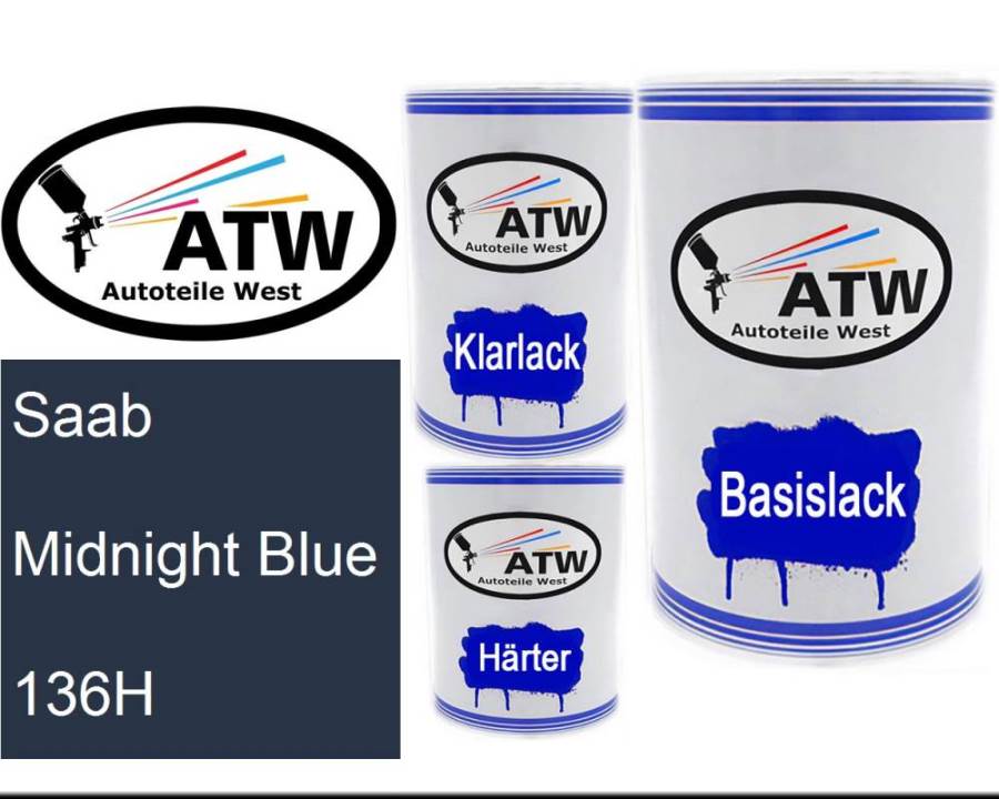Saab, Midnight Blue, 136H: 500ml Lackdose + 500ml Klarlack + 250ml Härter - Set, von ATW Autoteile West.